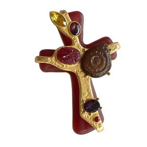 Christian Lacroix signed poured resin gold tone cross pin brooch